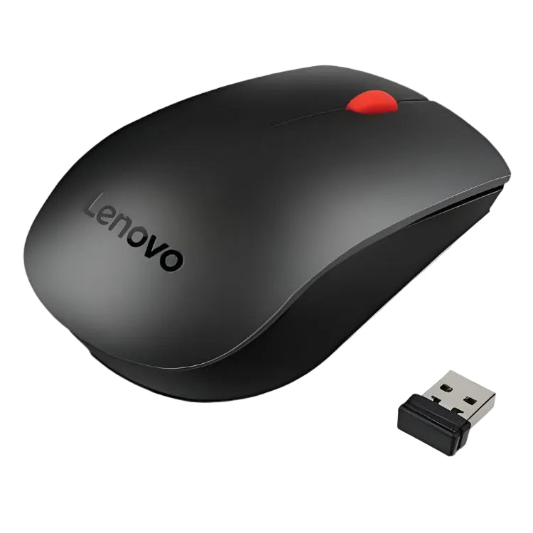 Black wireless mouse with USB receiver on a white background