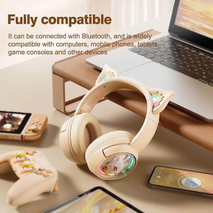 ONIKUMA Wireless Gaming Headset Gamer with Mic, RGB Light Cute 3D Cartoon for iPad, Tablet, PC, PS4, Beige