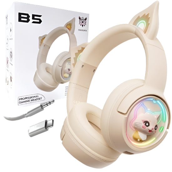 ONIKUMA Wireless Gaming Headset Gamer with Mic, RGB Light Cute 3D Cartoon for iPad, Tablet, PC, PS4, Beige