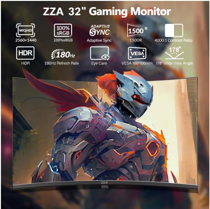 SUIRGE 32-Inch QHD Curved Gaming Monitor, 2K 165Hz, 1ms Response Time 3000r / DP+HDMI+USB+S