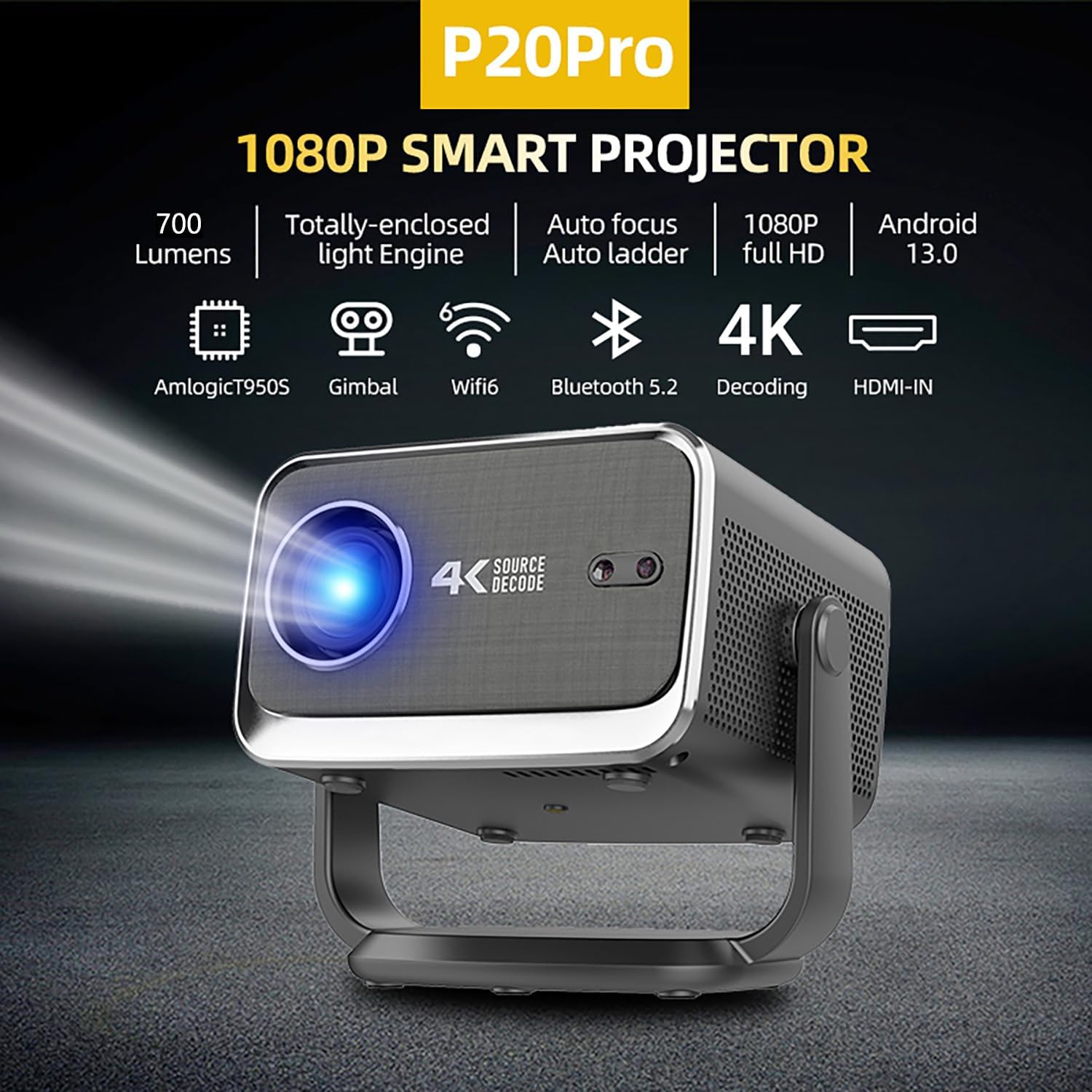 Smart Projector 4K LED Projector 1080p Full HD, 2GB & 16GB, WiFi 6, Bluetooth