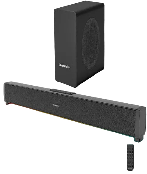 Black soundbar with RGB lighting and subwoofer on a white background