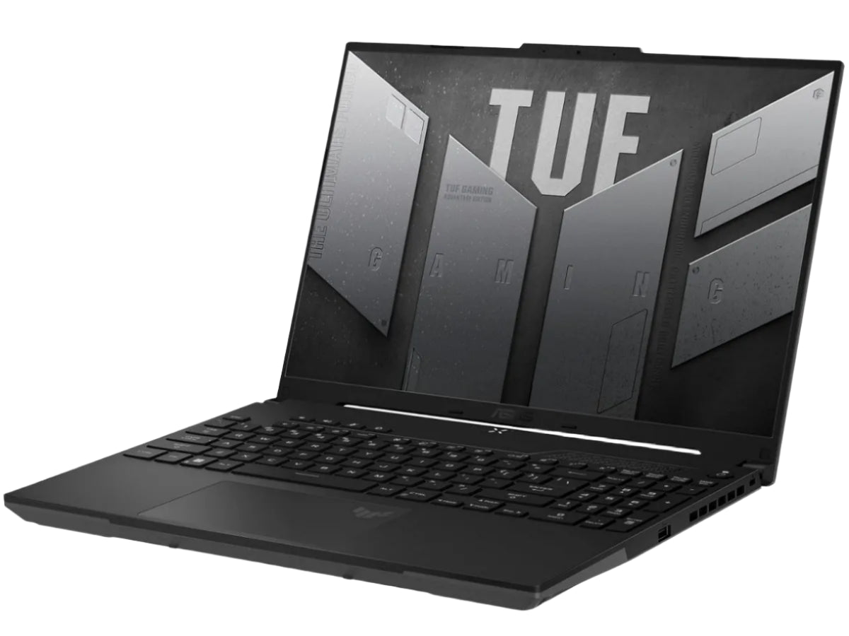 Black laptop with 'TUF' branding on a white background