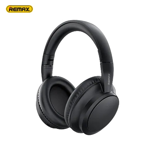Black headphones with Remax branding on a white background