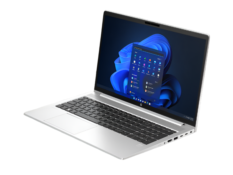Laptop with a blue abstract design on the screen against a white background