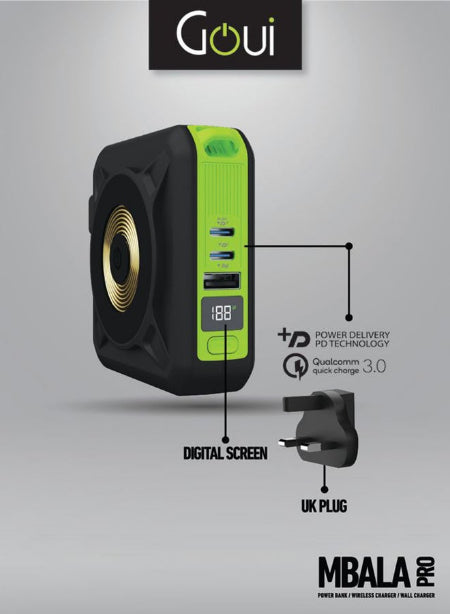 Goui Mbala Wall Charger Pro Power Bank 10000Mah, Wireless, Black