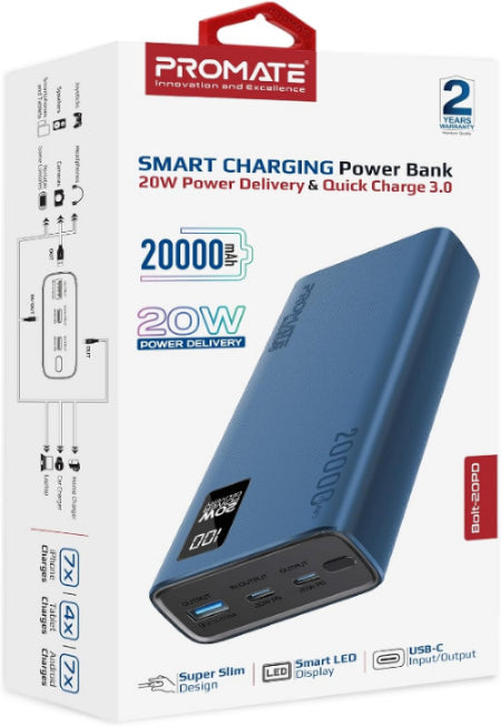 Promate Power Bank 20000Mah, 20Watts, Blue