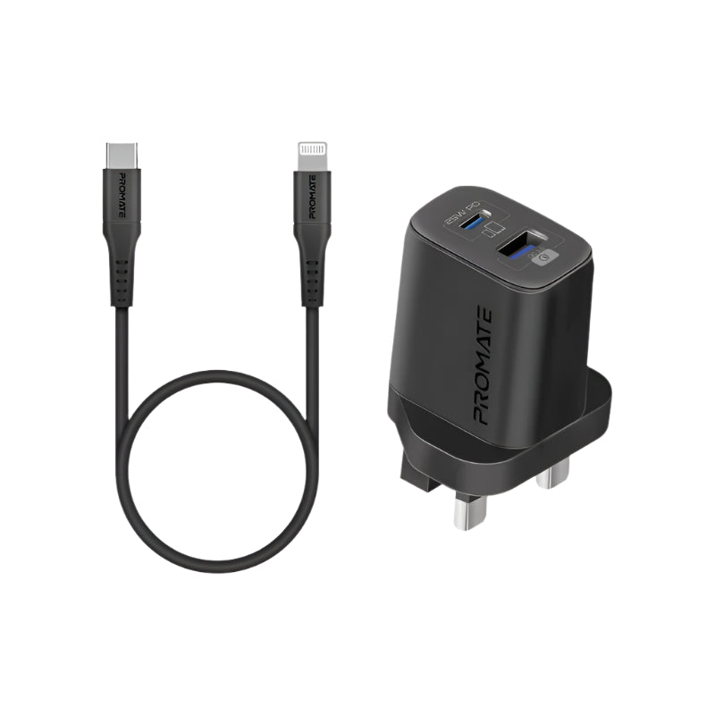 Promate Wall Charger, Type-C to Lightning, 1.2Mm, 25Watts, Black
