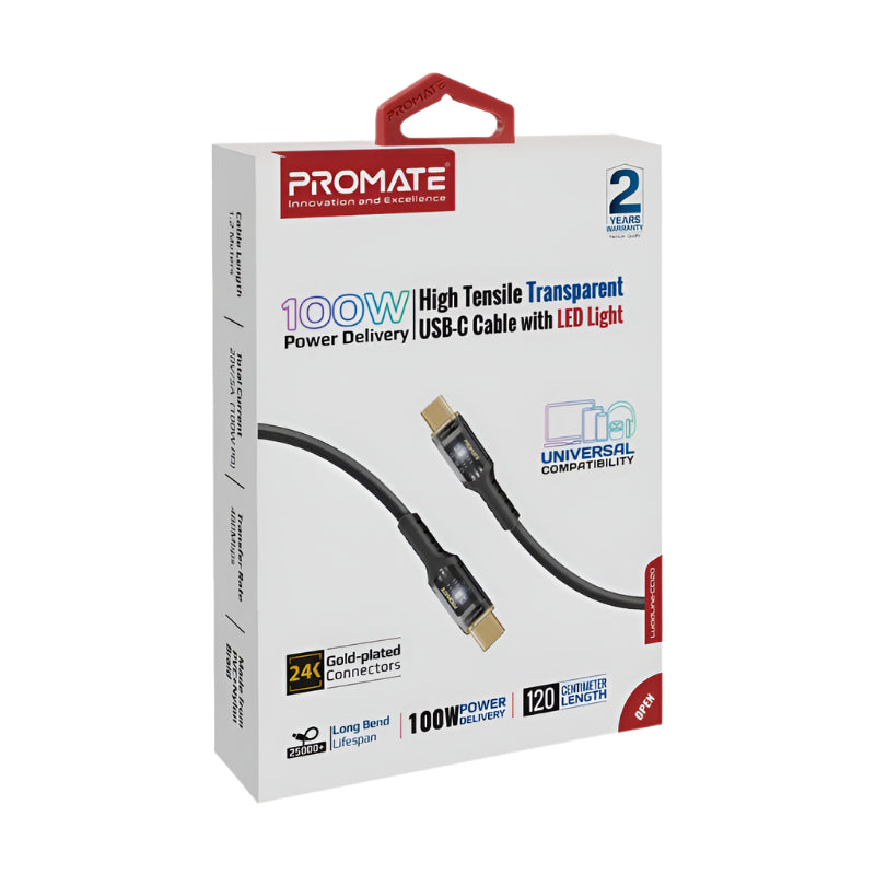 Promate Ultra Fast Charger Cable, Type-C to Type-C, 1.2Mm, 100Watts, Black