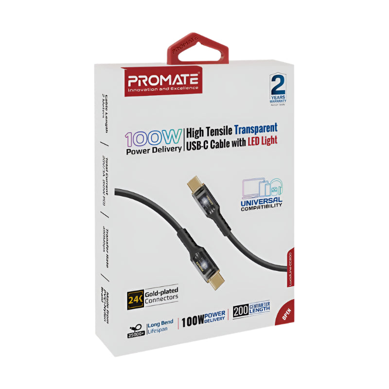 Promate Ultra Fast Charger Cable, Type-C to Type-C, 2Mm, 100Watts, Black
