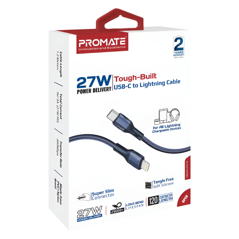 Promate Fast Charger Cable, Type-C to Lightning, 1.2MM, 27Watts, Blue