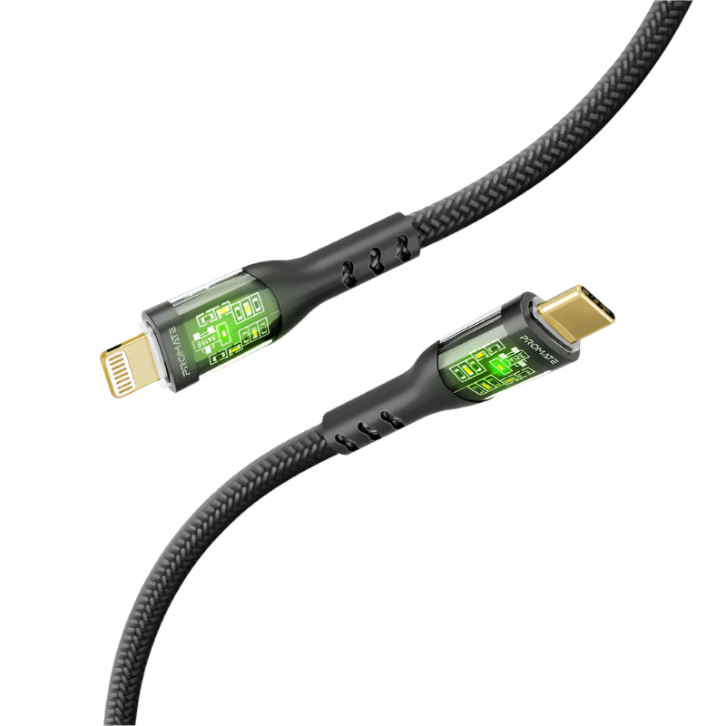 Promate Fast Charger Cable Transparent Shells, Type-C to Lightning, 1.2MM, 27Watts, Black