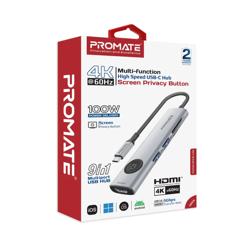 Promate 9 In 1 HUB With Multiport, USB-C, 100Watts, Grey