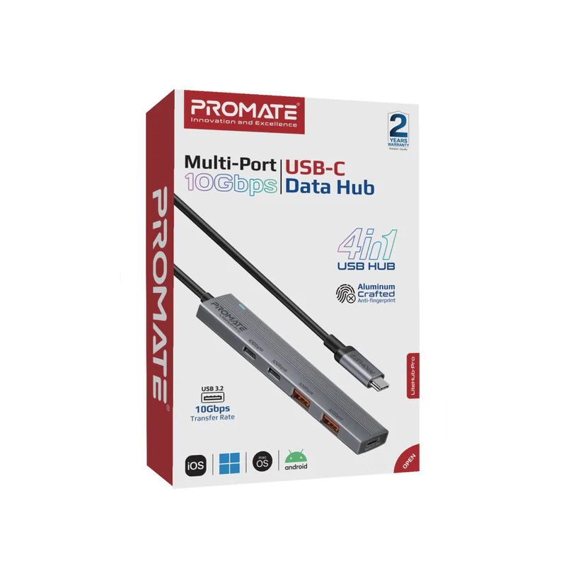 Promate 4In 1 HUB With Multiport, 10GBPS USB-C, Grey