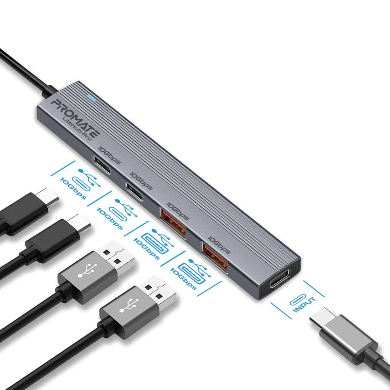 Promate 4In 1 HUB With Multiport, 10GBPS USB-C, Grey