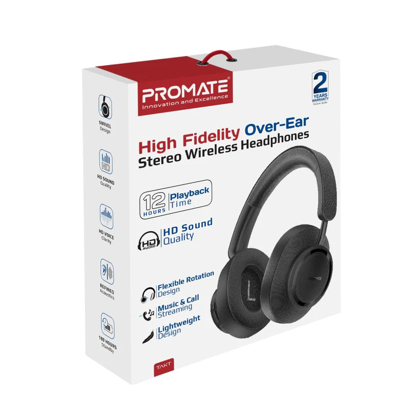 Promate Takt Fidelity Ear Stereo Wireless Headphones, Black