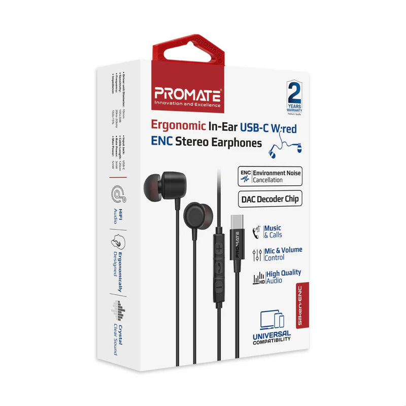 Promate Silken-C Ergonomic in Ear, Type-C Earphones, Grey