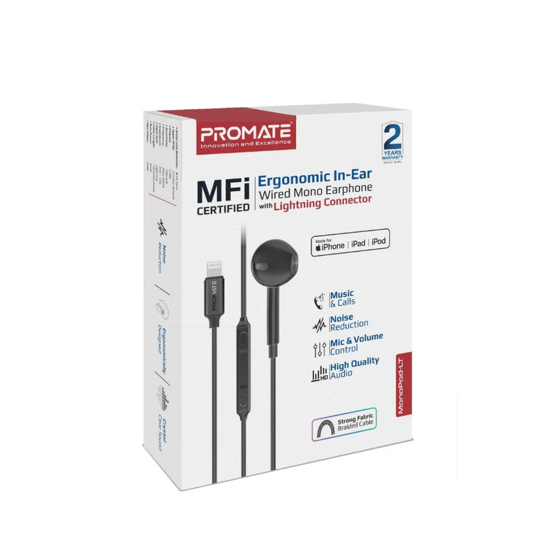 Promate Monopod - LT Ergonomic in- Ear Wired, Mono Earphones Lightning, Black