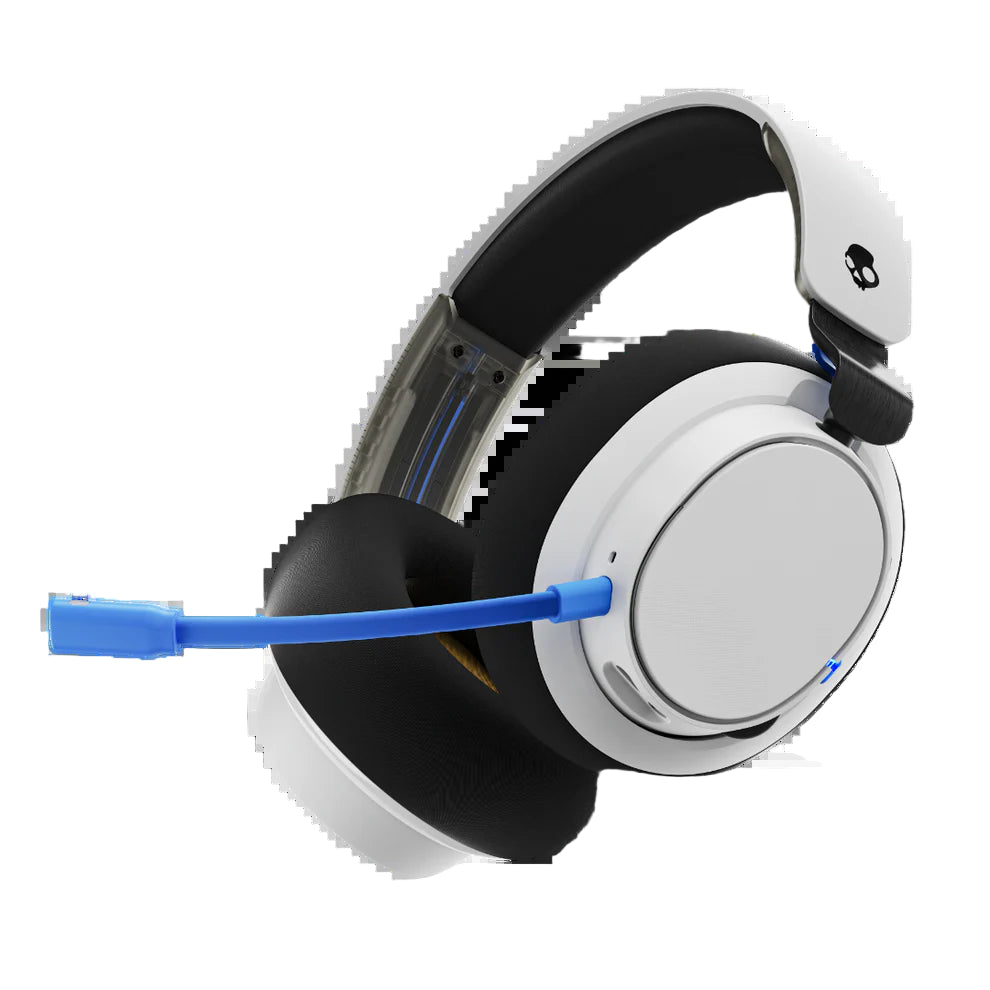 Black and white gaming headset with blue cable on a white background