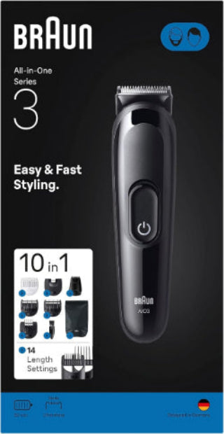 Braun hair trimmer packaging with product and features on a black background