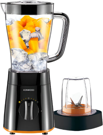 Kenwood blender with a clear container filled with fruit and ice on a white background