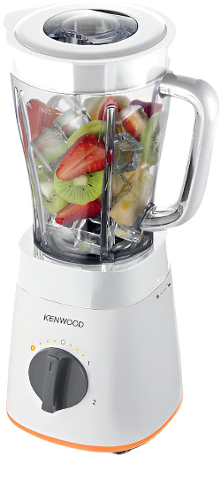 Kenwood blender with fruits inside on a white background