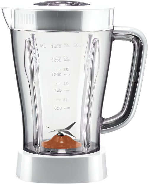 Clear blender pitcher with measurement markings on a white background
