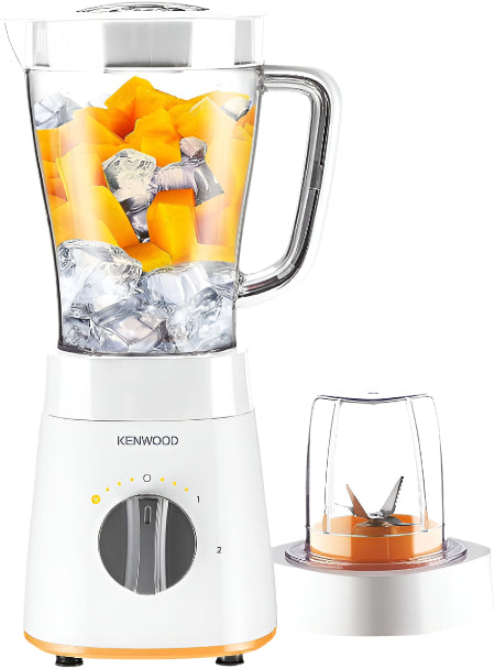 Kenwood blender with a clear container filled with fruit and ice on a white background