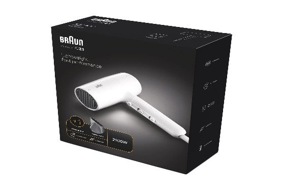 BRAUN Hair Dryer 2100Watts, 3 Speeds, White, Ionic function, Fast-drying nozzle, Easy