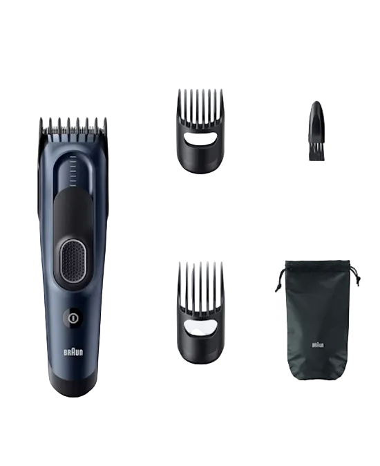 Braun hair trimmer set with attachments and carrying case on a white background