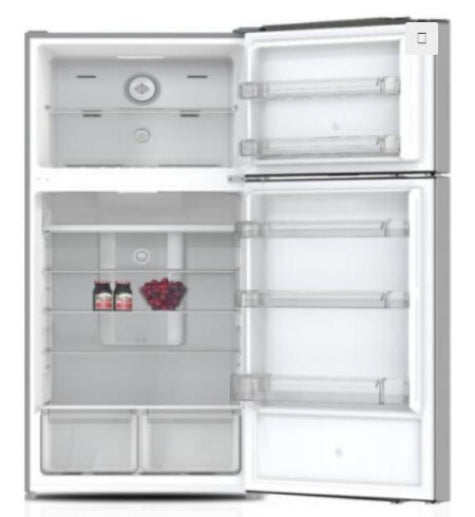 Open refrigerator with interior shelves and a few items inside on a white background