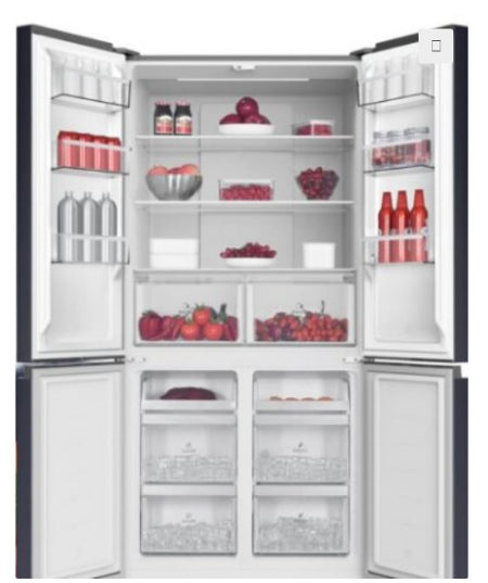 Open refrigerator with various food items inside
