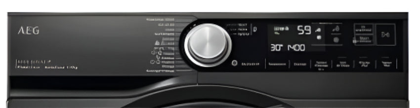 AEG washing machine control panel with digital display and buttons.