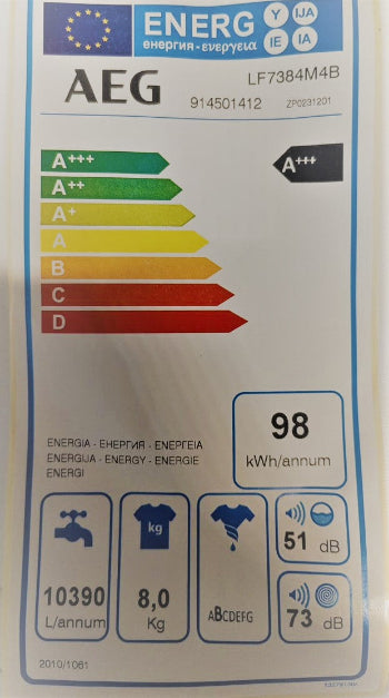 Energy label for AEG product with various ratings and icons.