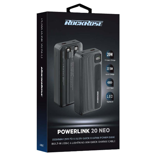 Rockrose Power Bank 20 Neo, 20Watts PD & 22.6Watts, Quick Charge, 20000Mah, Black