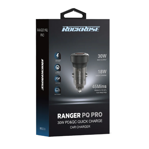 Rockrose Car Charger Ranger PQ Pro, 30Watts PD & QC 3.0, 2Port, Black