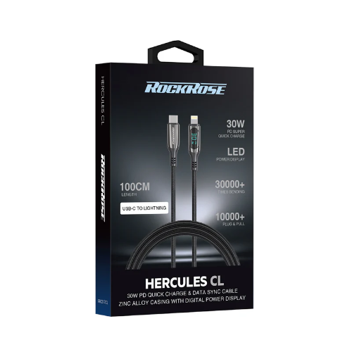 Rockrose Fast Charging Cable Hercules CL, Zinc Alloy with Digital Power Display, 30Watts, Blac
