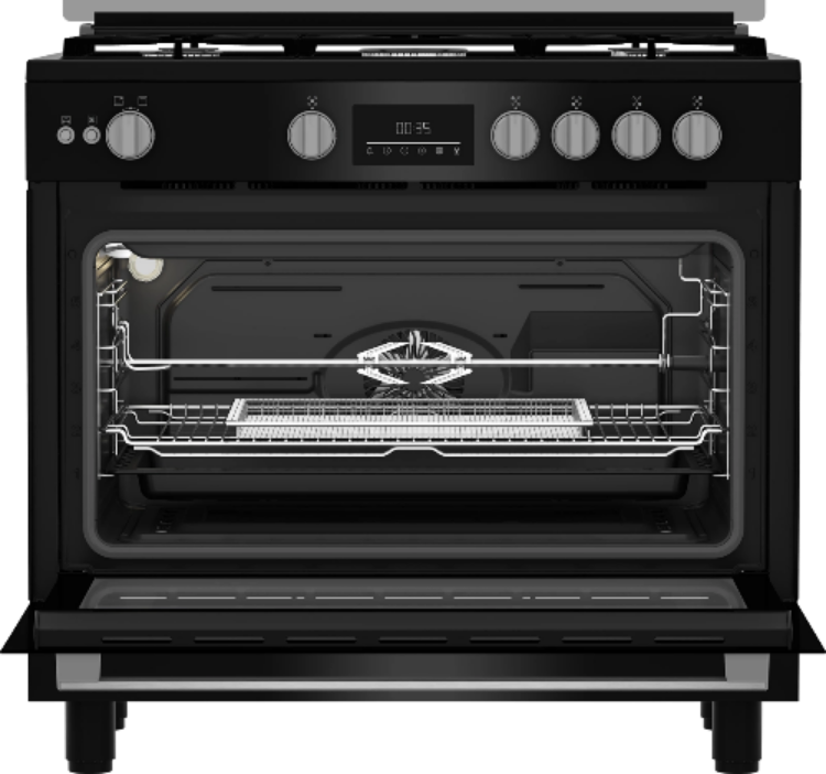 Black oven with open door on a white background