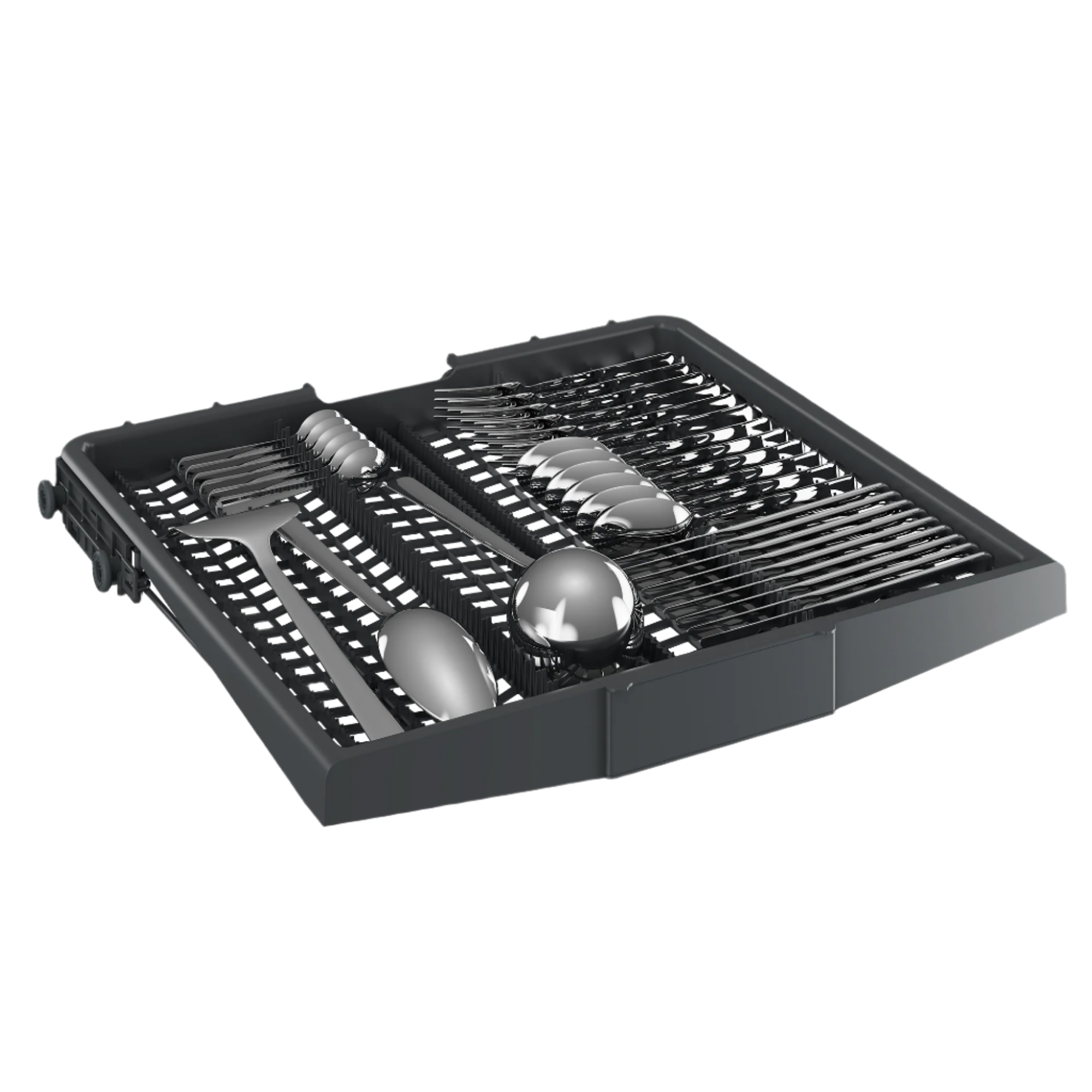 Dishwasher cutlery basket with silverware on a white background