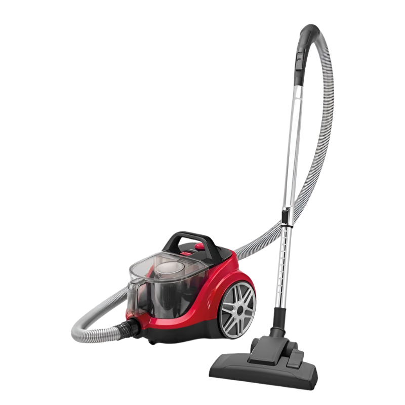 Red and black vacuum cleaner with hose on a white background