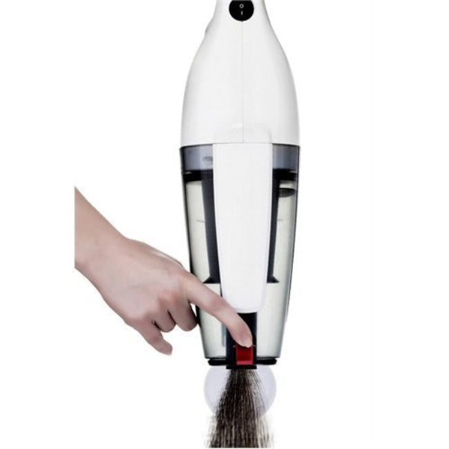 Hand holding a white handheld vacuum cleaner on a white background
