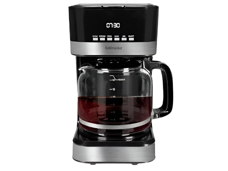 Coffee maker with glass carafe on a white background