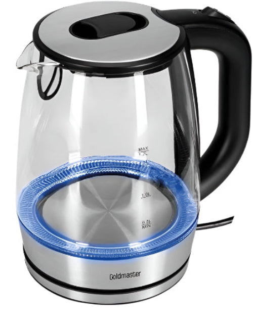 Glass electric kettle with boiling water and visible brand name 'Goldmaster'.