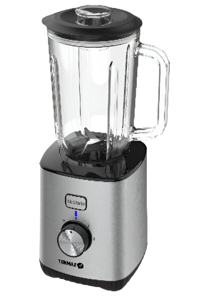 Stainless steel blender with clear container on a white background