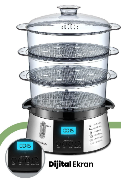 Three-tiered steamer with digital timer on a white background, featuring the brand 'Dijital Ekran'.
