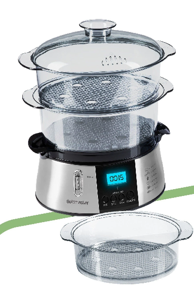 Digital steamer with glass containers on a white background