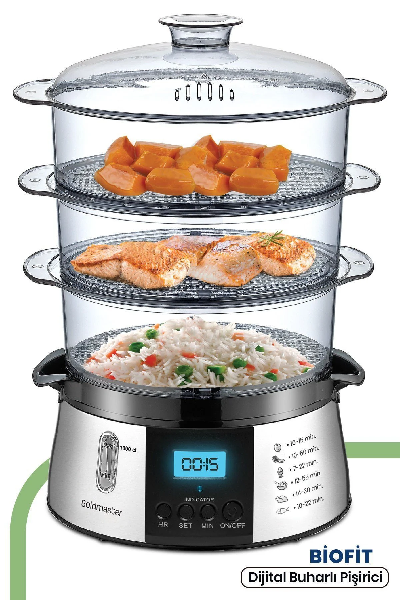 Multi-layered steamer with food on a white background