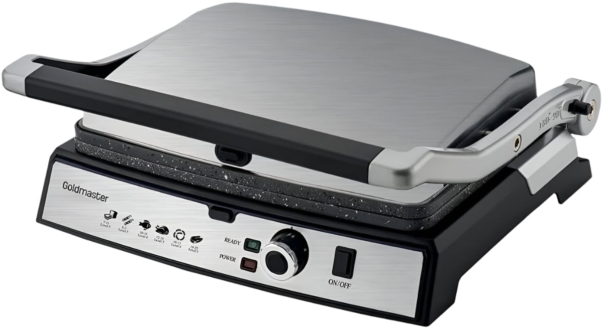 Black and silver sandwich press with visible brand name on a white background