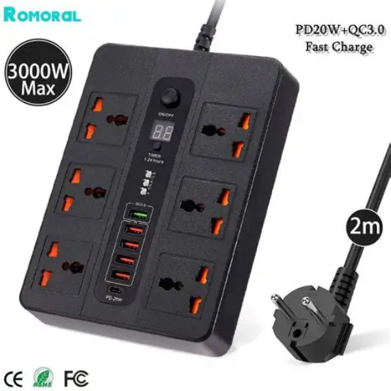 Black power strip with multiple outlets and USB ports, featuring Romoral branding and specifications.