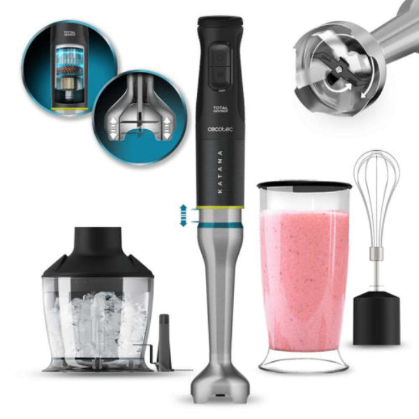 Katana immersion blender with attachments on a white background